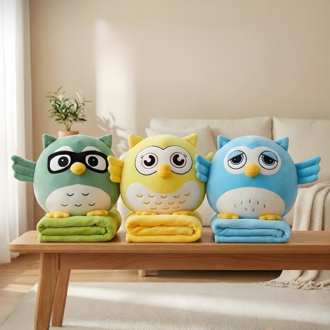 Cute Owl Plush Blanket Set
